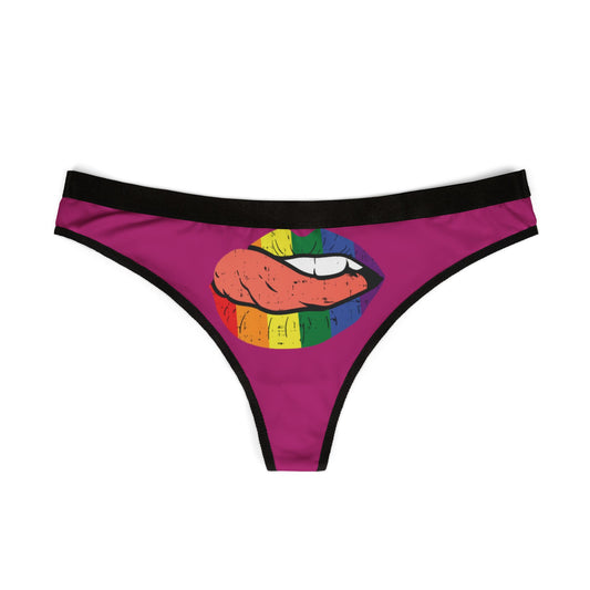 Luxury women's thong featuring colourful lips design on a vibrant pink background, ideal for playful romantic occasions.