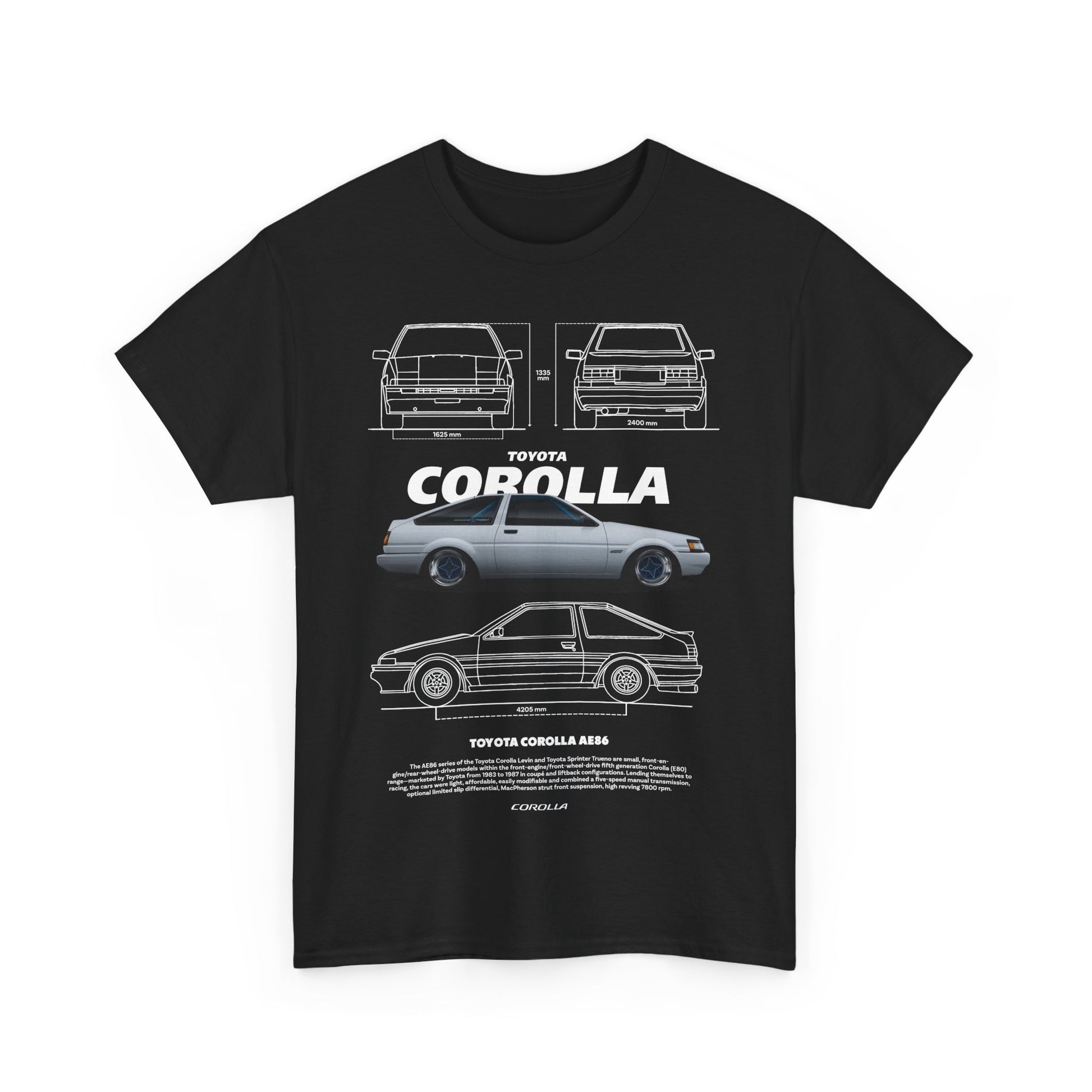 Elevated men's T-shirt in black, showcasing a pristine, detailed graphic of the iconic Toyota Corolla AE86, emphasising its timeless design and luxury appeal.