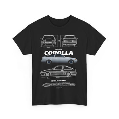 Elevated men's T-shirt in black, showcasing a pristine, detailed graphic of the iconic Toyota Corolla AE86, emphasising its timeless design and luxury appeal.