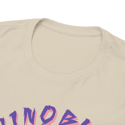 Close-up of the premium-quality T-shirt collar featuring vibrant, bold lettering for 'SHINOBU' in shades of pink and purple, designed for anime enthusiasts.