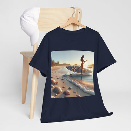 The Delightfull Paddle Board T-Shirt by Dazzling Dreams Studio displayed on a serene beach background, symbolising luxury in water sports apparel.