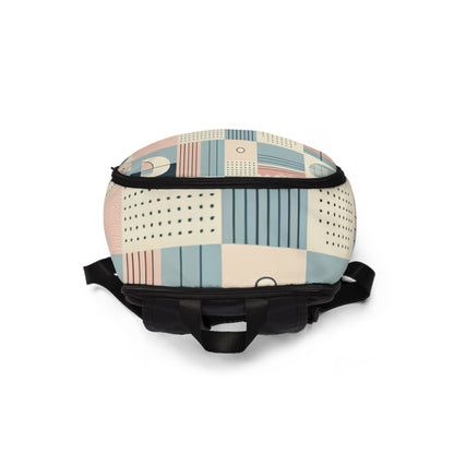 Dazzling Dreams Studio chic pastel geometric backpack featuring multiple compartments, ideal for gym essentials and everyday items.