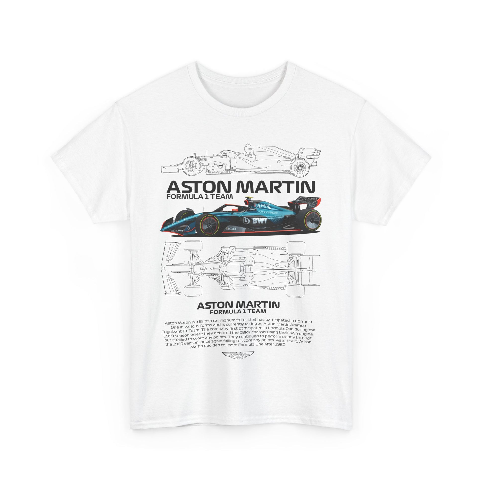 Stylish white Aston Martin Formula 1 Team men's T-shirt highlighting a premium design with an elegant depiction of the race car and technical outlines, ideal for motorsport lovers.