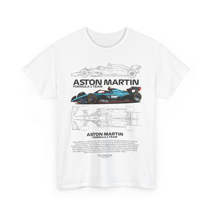 Stylish white Aston Martin Formula 1 Team men's T-shirt highlighting a premium design with an elegant depiction of the race car and technical outlines, ideal for motorsport lovers.