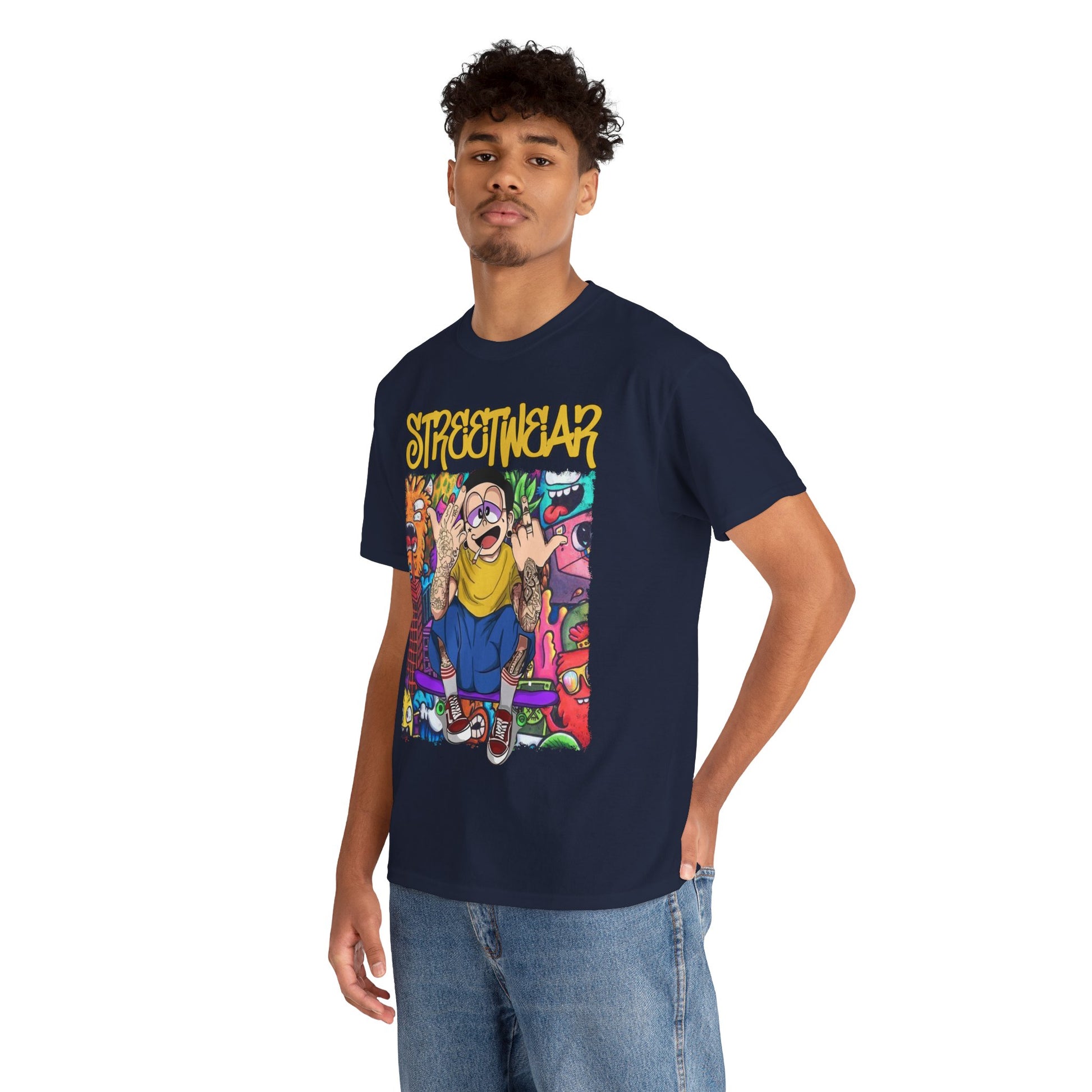 Sophisticated model wearing a streetwear t-shirt, featuring eye-catching cartoon graphics, stylishly paired with casual denim, perfect for urban fashion lovers.