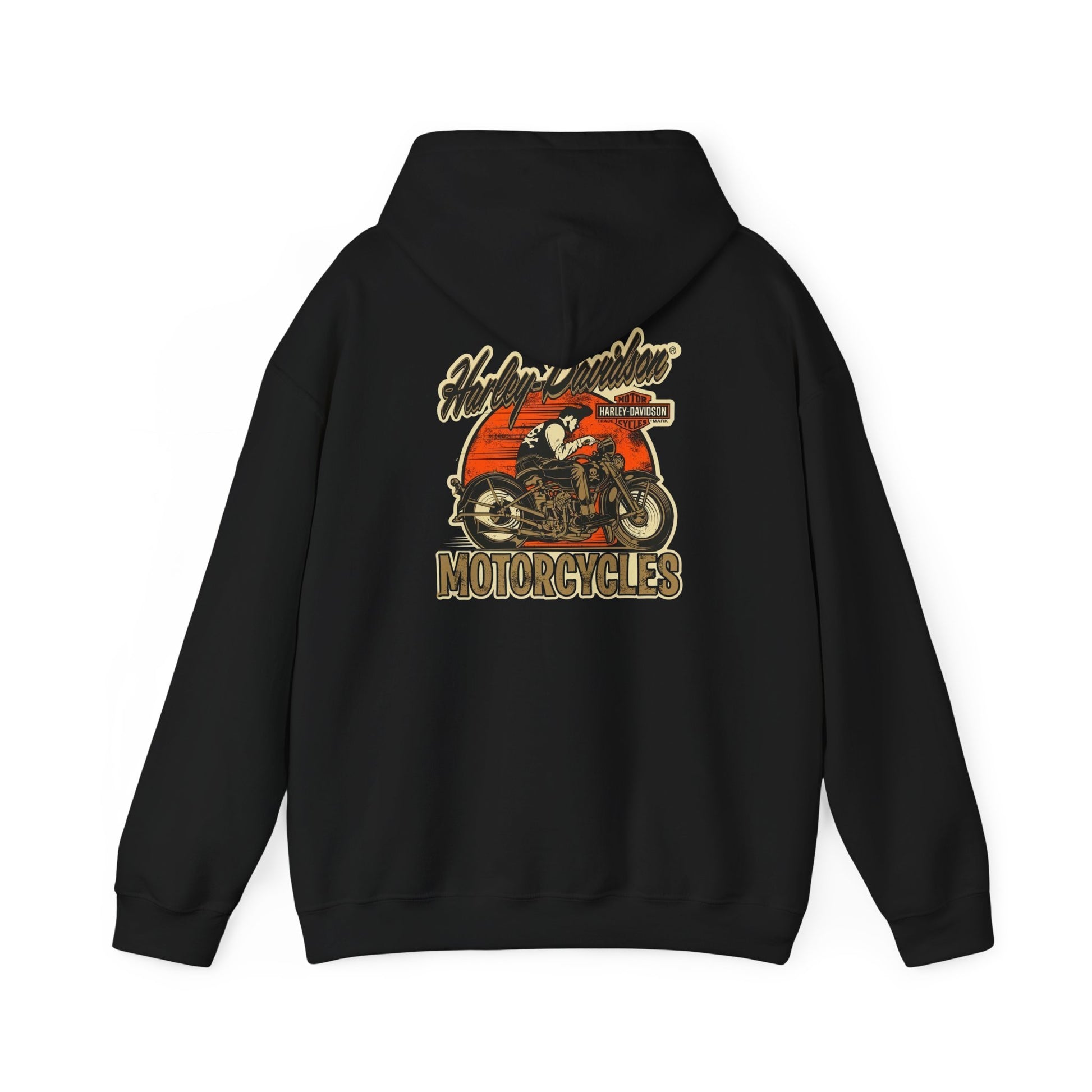 Elegant black hoodie displaying a vintage Harley-Davidson back print of a motorcycle, perfect for stylish riders.