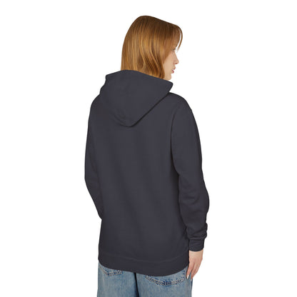 Chic Unisex Lightweight Hooded Sweatshirt in dark shade on a model, offering a unique designer skull and roses design with a modern fit.