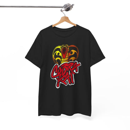 Refined visual of a Cobra Kai t-shirt hung stylishly, showcasing its striking snake design and sleek black fabric, a perfect statement piece for casual outings.