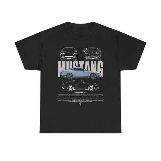 Sleek black Ford Mustang GT T-shirt showcasing detailed illustrations of the legendary muscle car, complemented by bold 'MUSTANG' text and historical insights.