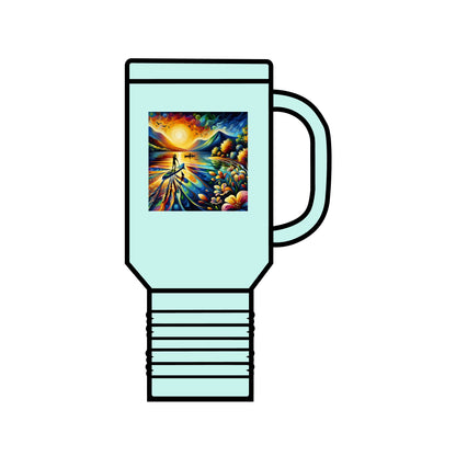 Fantasy Paddleboarding 40oz Insulated Stainless Steel Travel Mug featuring a vibrant design with a sunset over water, ideal for adventure lovers.