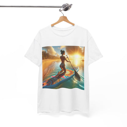 Stylish paddleboarding t-shirt design by Dazzling Dreams Studio, capturing the essence of water exploration in a premium quality fabric.
