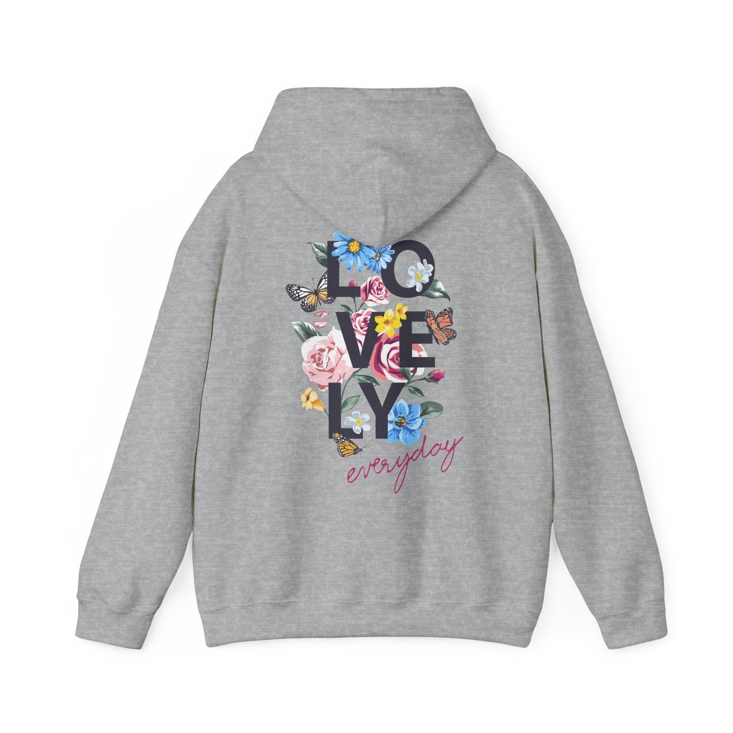 Elegant grey hoodie featuring vibrant floral artwork and bold typography design, ideal for a stylish casual look.