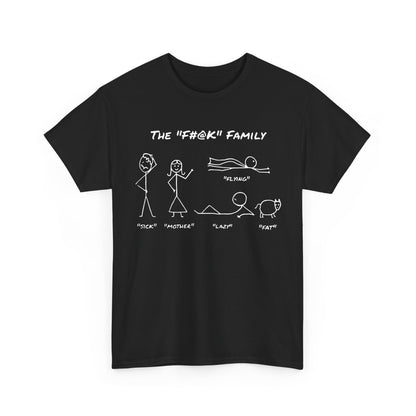 Sophisticated black t-shirt featuring clever stick figure designs with the title "The F#@k Family", an exceptional choice for artful casual wear.