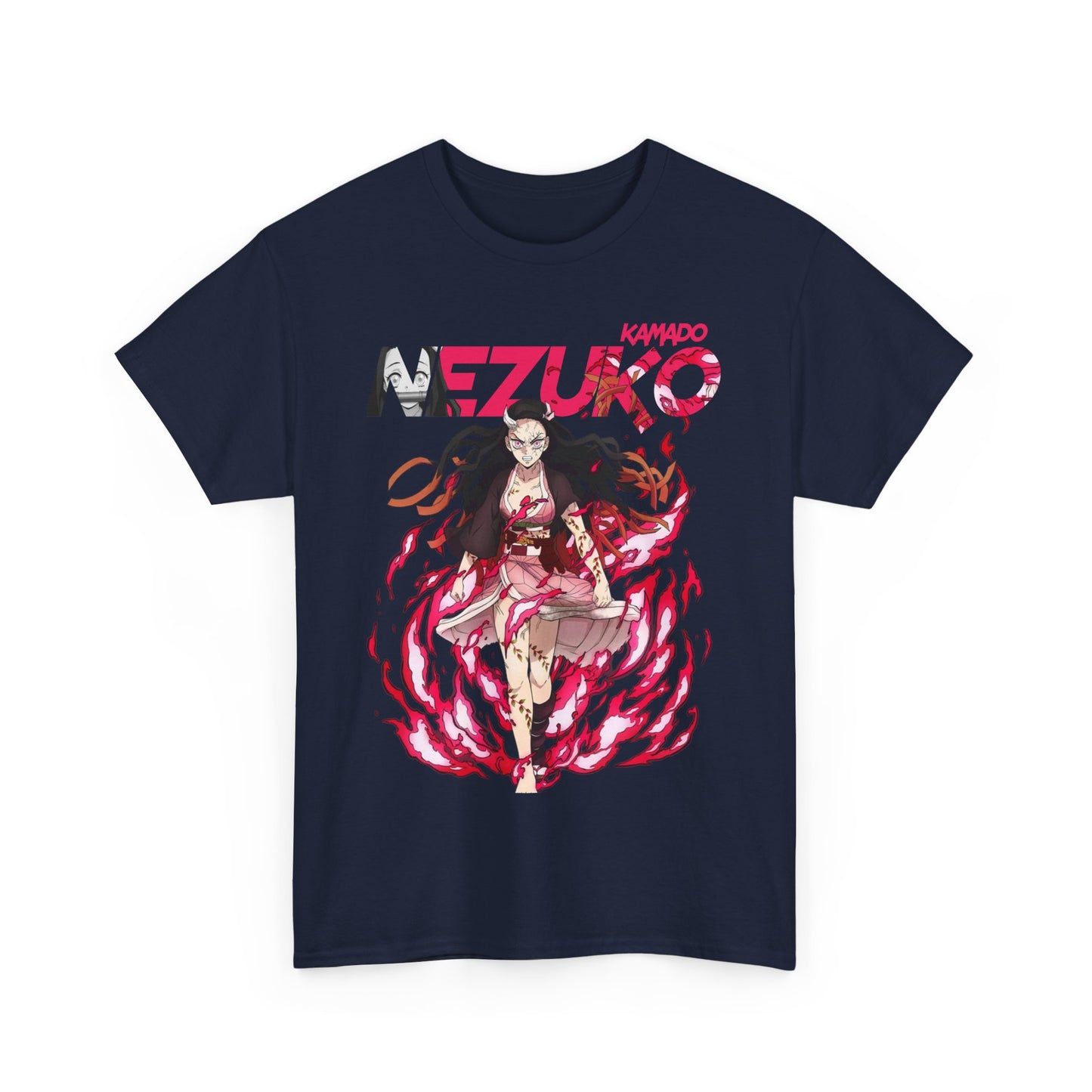 Stylish navy T-shirt adorned with a stunning artwork of Nezuko Kamado, exuding elegance and flair, suitable for a fashionable anime-inspired wardrobe.