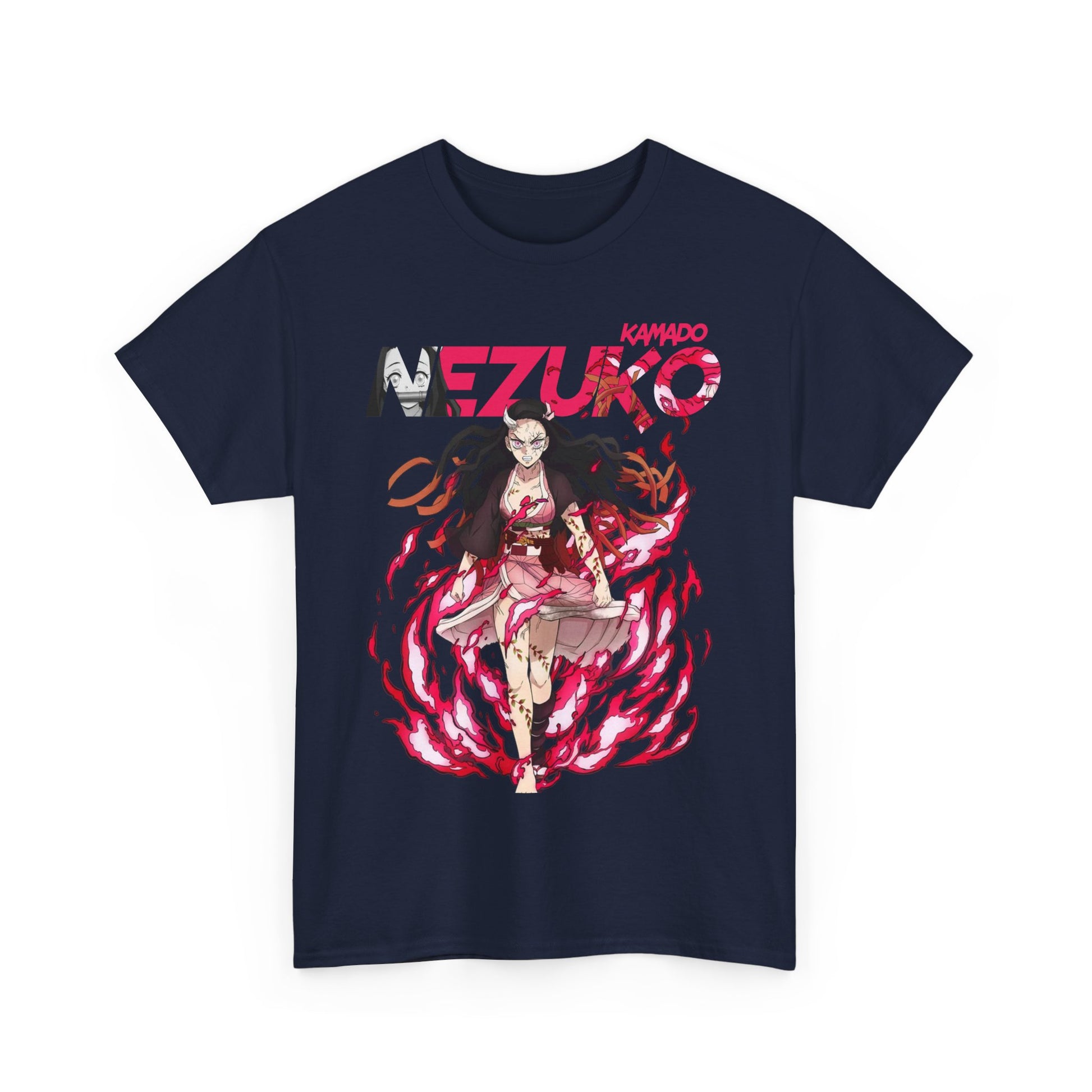 Stylish navy T-shirt adorned with a stunning artwork of Nezuko Kamado, exuding elegance and flair, suitable for a fashionable anime-inspired wardrobe.