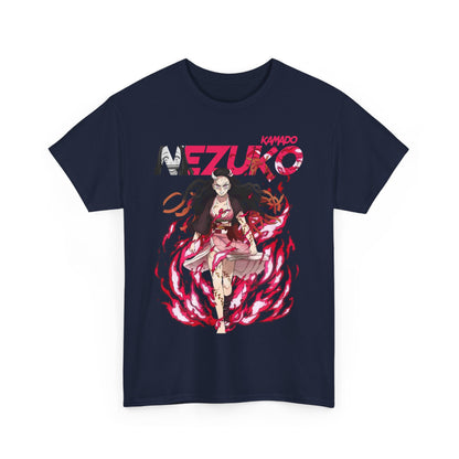 Stylish navy T-shirt adorned with a stunning artwork of Nezuko Kamado, exuding elegance and flair, suitable for a fashionable anime-inspired wardrobe.