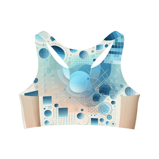 Close-up of Sebastian Couture Women's Luxurious Abstract Sports Bra in Pastel Blue Gradation, highlighting its exquisite abstract art pattern and superior support.
