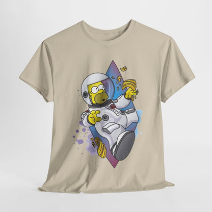 Elegant Spaceman Homer t-shirt featuring a whimsical graphic of Homer Simpson in an astronaut suit, floating through space while playfully holding chips, set against a vibrant cosmos of purples and blues.