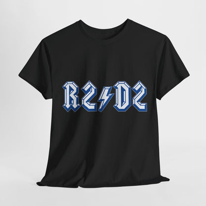 R2⚡D2 - AC⚡DC Mashup Unisex Graphic T-Shirt featuring a striking three-dimensional design with blue lightning bolt accents on a black cotton fabric, ideal for both men and women who appreciate unique style.