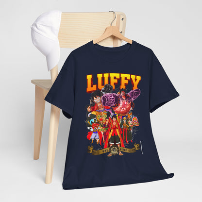 Stylishly draped navy blue t-shirt with a bold Luffy graphic, artfully displayed on a wooden chair, ideal for trendy anime enthusiasts.