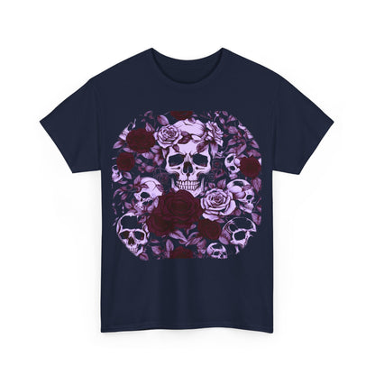Close-up of the front design of the luxurious Skulls and Roses Cotton Tee, featuring intricate skull and rose graphics that emphasize alternative fashion and individuality.