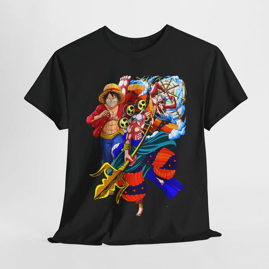Luxury anime-inspired men's t-shirt featuring bold, vibrant artwork showcasing adventurous characters on a sleek black backdrop. Ideal for trendsetters and anime enthusiasts.