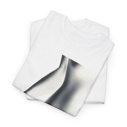 Elegant display of a folded white graphic t-shirt featuring a striking grayscale illustration of a woman's silhouette, embodying romantic artistry and charm.