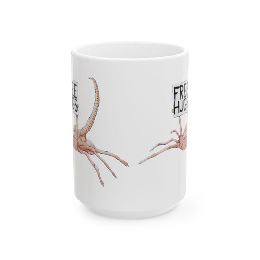 Whimsical Alien Xenomorph Facehugger ceramic mug showcasing humorous twist - ideal gift for sci-fi lovers and coffee enthusiasts.