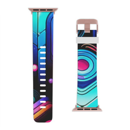 The GraphiCraze Neon Abstract Pattern Apple Watch Band by Dazzling Dreams Studio displayed next to fashionable accessories, perfect for the modern trendsetter.