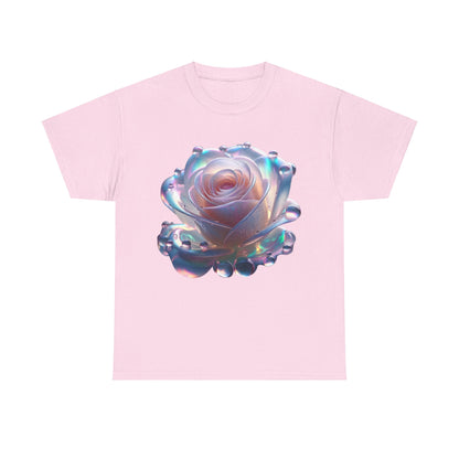 Ethereal Rose Tee Unisex Cotton Graphic T-Shirt in pink presenting a beautifully rendered rose image that exudes elegance and artistic charm.
