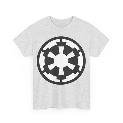 Front view of the grey variant of the Galactic Empire Star Wars Retro Logo Graphic Tee, showcasing the bold Galactic Empire logo framed by a luxurious fabric.
