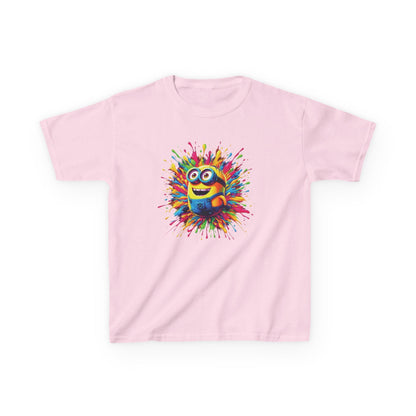 Sophisticated Kids Minion Paint Splash T-Shirt in soft pink featuring an enchanting Minion design encased in a riot of colours, making it an exquisite addition to any child's wardrobe.