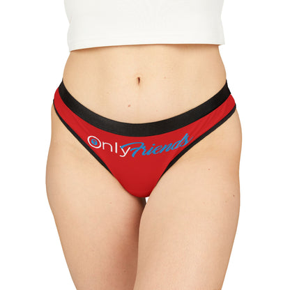 Chic red thong underwear modelled elegantly on a woman, displaying the signature 'onlyFriends' branding in blue, exuding confidence and playful luxury.