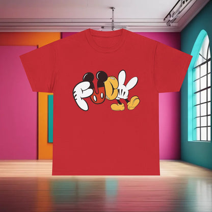 Mickey's Rebellion F**K Graphic T-Shirt in vibrant red, featuring playful design elements inspired by Disney's iconic character. This urban unisex cotton tee showcases a bold statement piece perfect for streetwear enthusiasts.