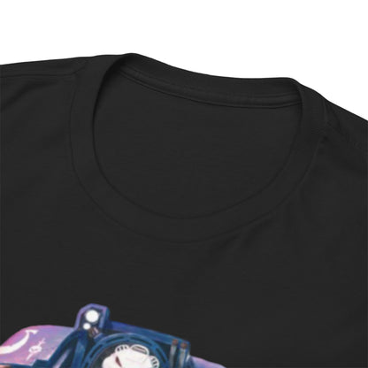 Close-up of the luxurious neckline on a unisex graphic T-shirt, highlighting the soft fabric texture and exquisite design detail inspired by a sci-fi theme.