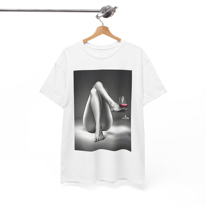 Premium quality graphic tee elegantly displayed on a hanger, illustrating tranquility with a striking design of legs and a wine glass, ideal for fashion-forward individuals.