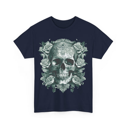 Close-up of the front design of the Skulls and Roses Cotton Tee, highlighting the detailed skull and rose graphics that capture edgy aesthetics in alternative fashion.