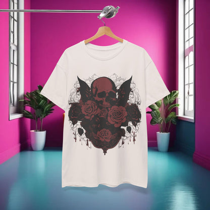 Skulls and Roses Cotton Tee displayed on a hanger in an artistic setting, emphasising the unique skull and rose graphic that defines this luxurious unisex shirt.