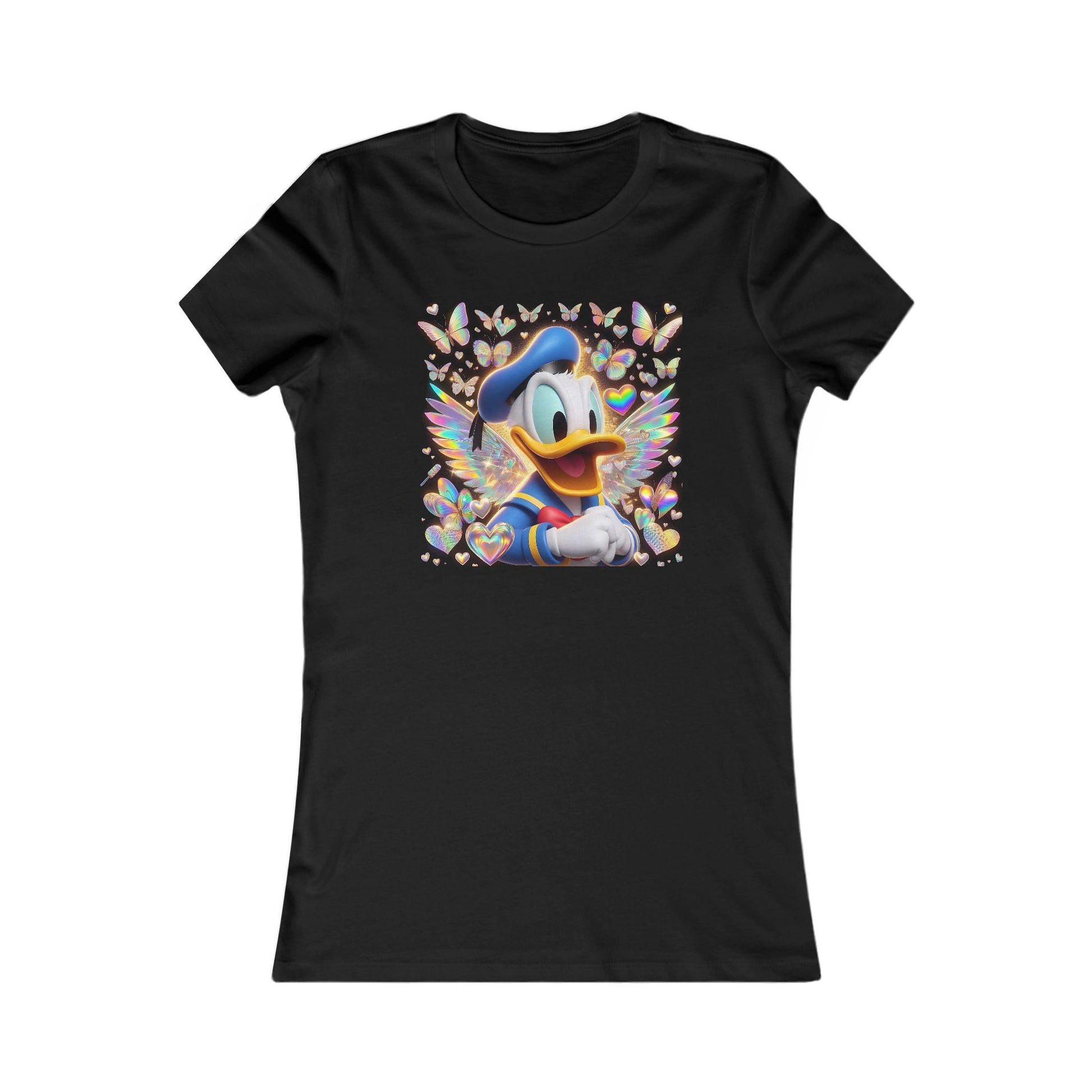 Elegant Iridescent Donald Duck Women's Cotton T-Shirt Tee featuring a vibrant graphic of Donald Duck with butterfly wings and heart decorations, set against a sleek black backdrop, perfect for adding a touch of Disney magic to any wardrobe.