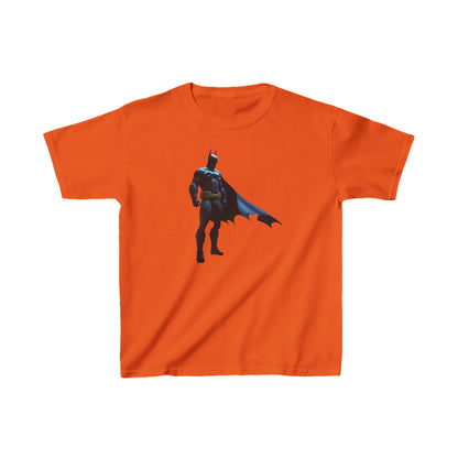Kids Batman Heavy Cotton T-Shirt in vibrant orange featuring an iconic Batman graphic, perfect for stylish superhero adventures.