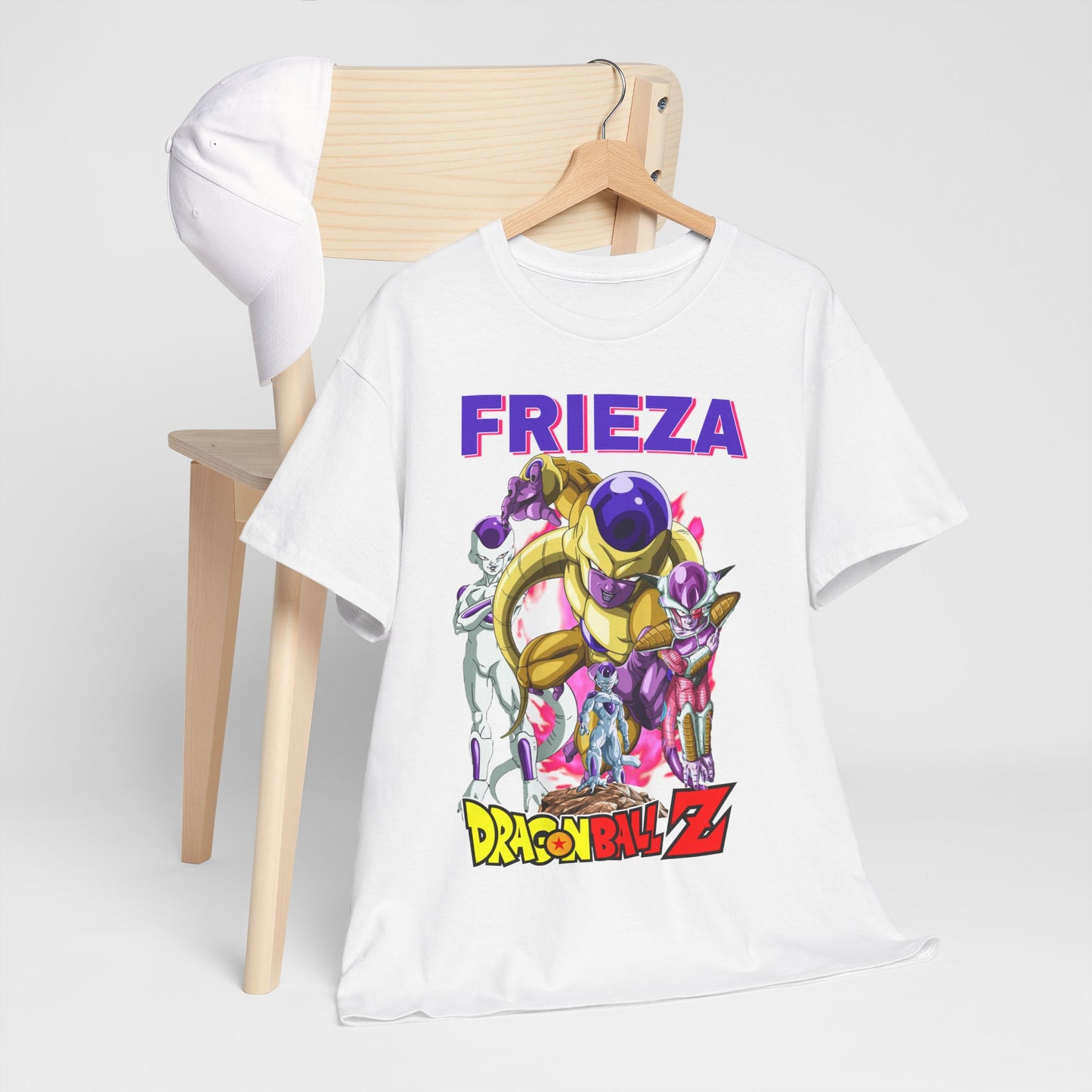 Elegant Dragon Ball Z Frieza T-shirt displayed creatively on a chair, highlighting its unique design and luxurious appeal for avid anime collectors.