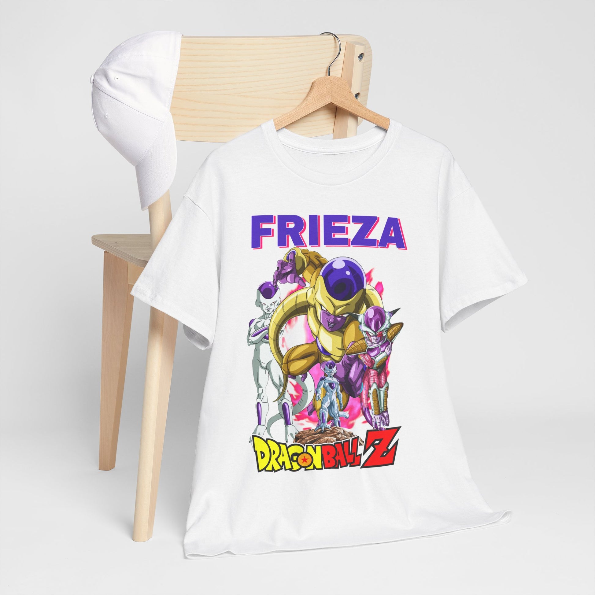 Elegant Dragon Ball Z Frieza T-shirt displayed creatively on a chair, highlighting its unique design and luxurious appeal for avid anime collectors.