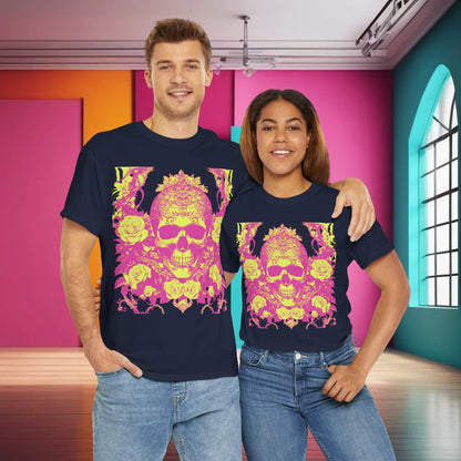 Skulls and Roses Cotton Tee - elegant unisex graphic shirt worn by a stylish couple, displaying a bold skull and roses design, perfect for expressive wardrobe choices.