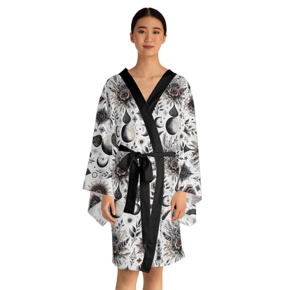 Floral Kimono Robe designed for women, showcasing a luxurious bathrobe with a beautiful floral pattern and elegant black detailing, perfect for stylish loungewear.