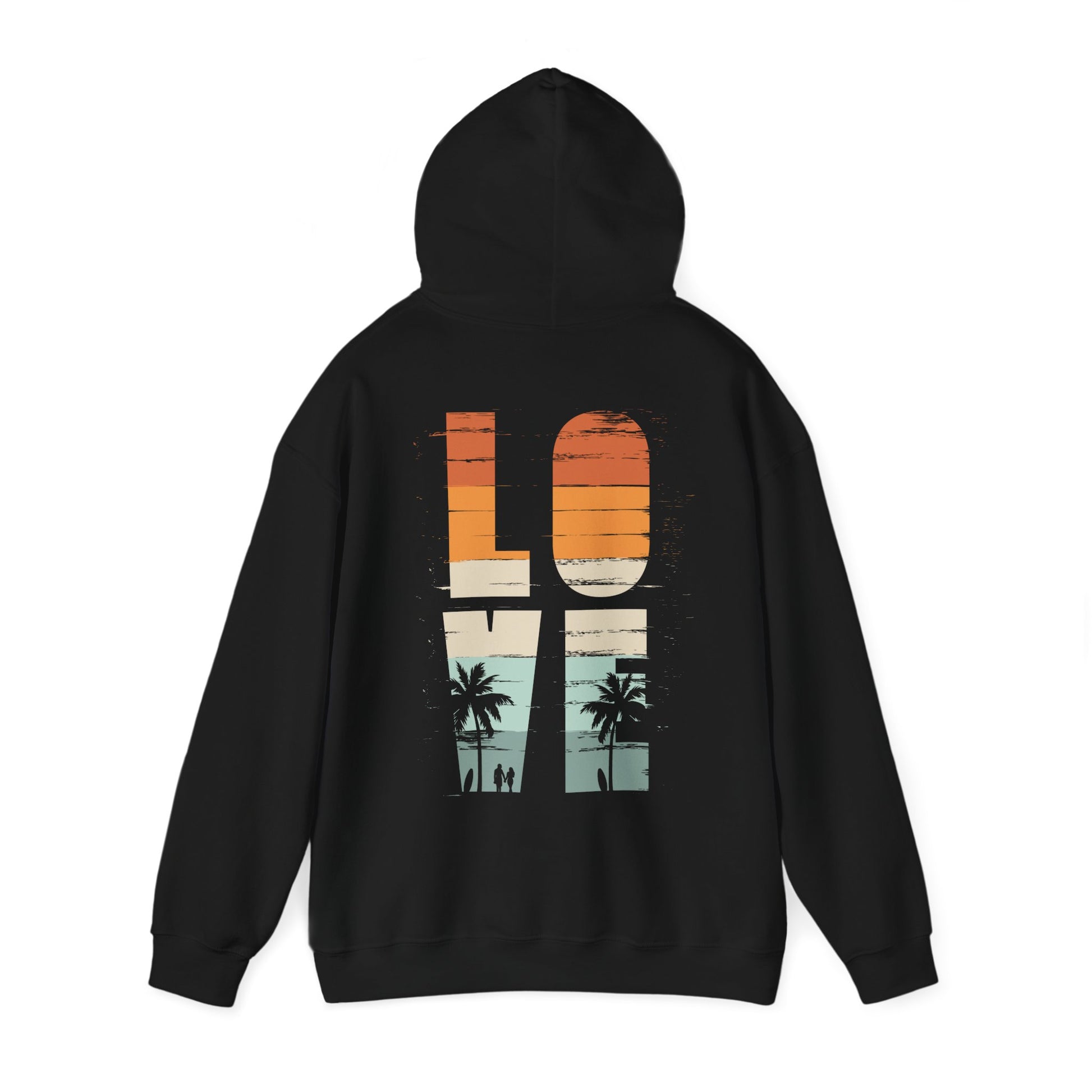 Sleek black vintage love hoodie, beautifully styled with vibrant sunset hues and palm tree silhouettes on the back, offering a sophisticated blend of comfort and style.