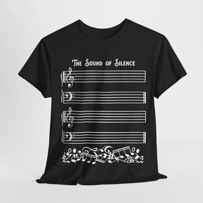 Luxurious unisex graphic t-shirt featuring 'The Sound of Silence' design with musical staves and notes on a black background, ideal for music lovers.