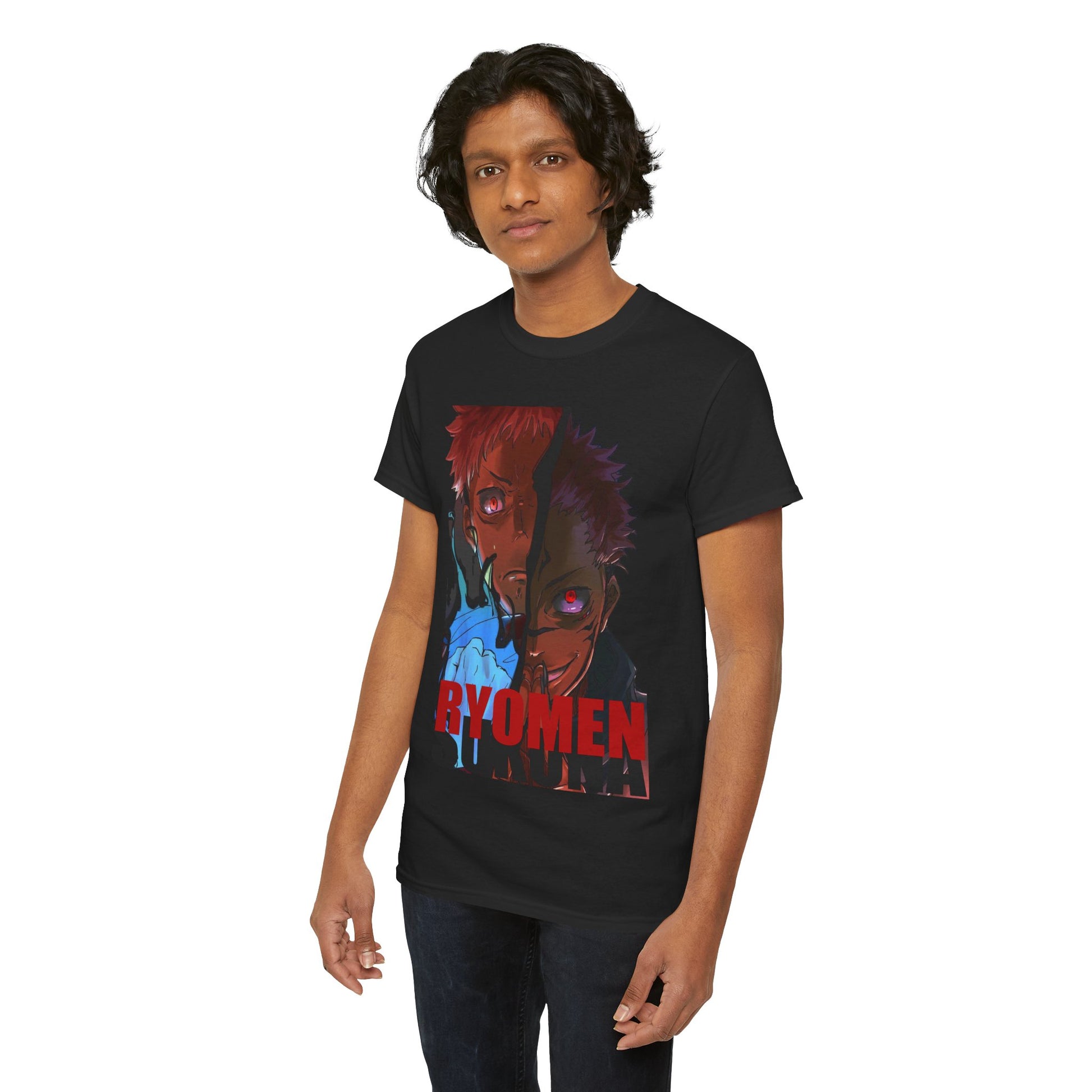 Stylish male figure presenting the black Ryomen Sukuna anime graphic t-shirt, highlighting dynamic artwork and casual elegance.