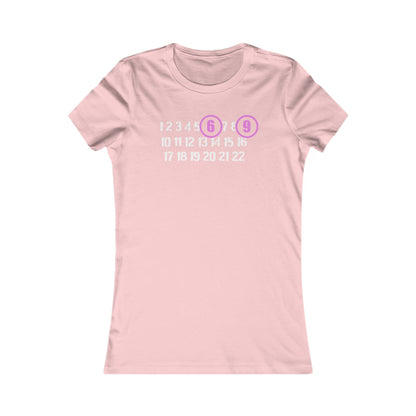 Elegant women's fitted tee showcasing a clever design with numbers 1 to 22, adorned with cheeky pink circles around '6' and '9', perfect for adding a touch of humour to any outfit.