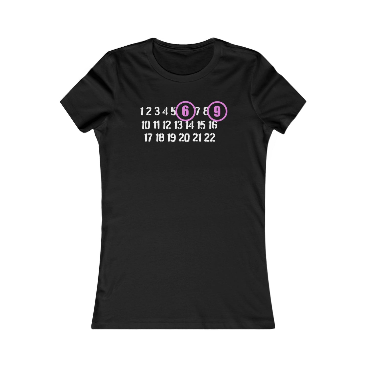 Chic black fitted cotton T-shirt showcasing a humorous layout of numbers '1 to 22' with the '6' and '9' accentuated in stylish purple circles, ideal for stylish casual wear.