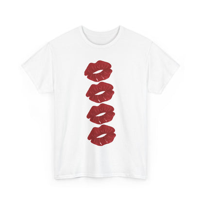 Sophisticated graphic cotton t-shirt showcasing four striking shades of red lips vertically, designed for both men and women who appreciate a whimsical flair in their fashion.
